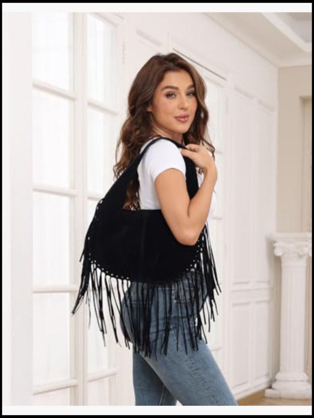 Faux Suede Fringe Hobo Bag Boho Western Crossbody Tassel Shoulder Purse - Picture 2 of 6